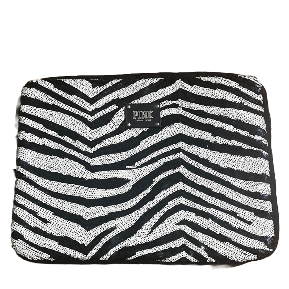 Victoria's Secret PINK 15" Black and White Sequin Zebra Print Zip Up Laptop Case